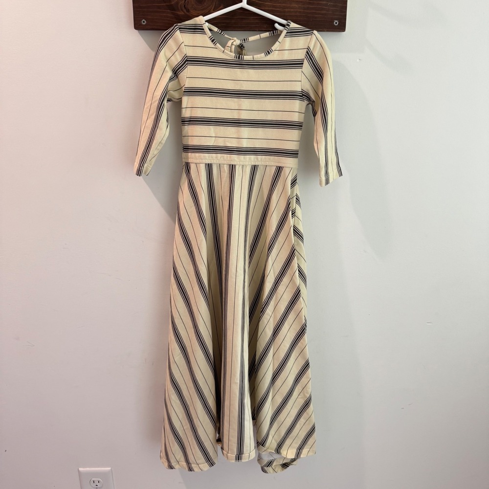 Omi Jo Girls Striped Maxi Dress Cream Black Size 6 Tie Back 3/4 Sleeve - Picture 1 of 4